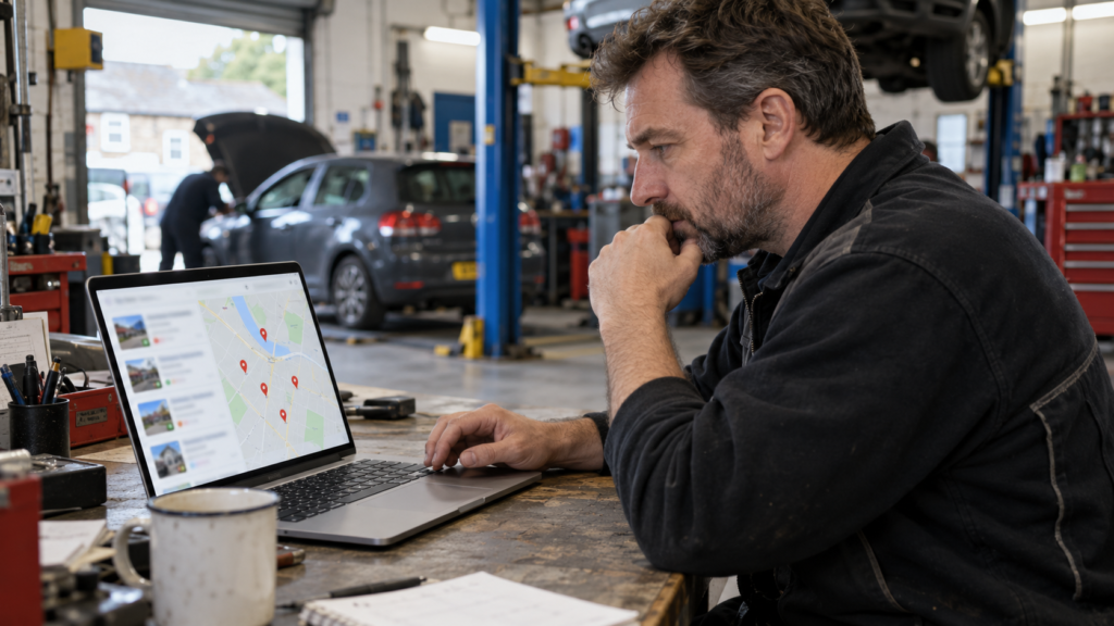 SEO for car garages UK: garage owner reviewing local search on a laptop