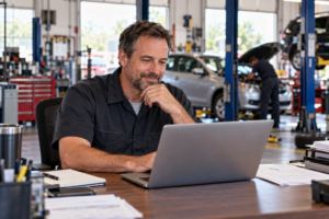 Illustration of a garage owner reviewing online booking enquiries
