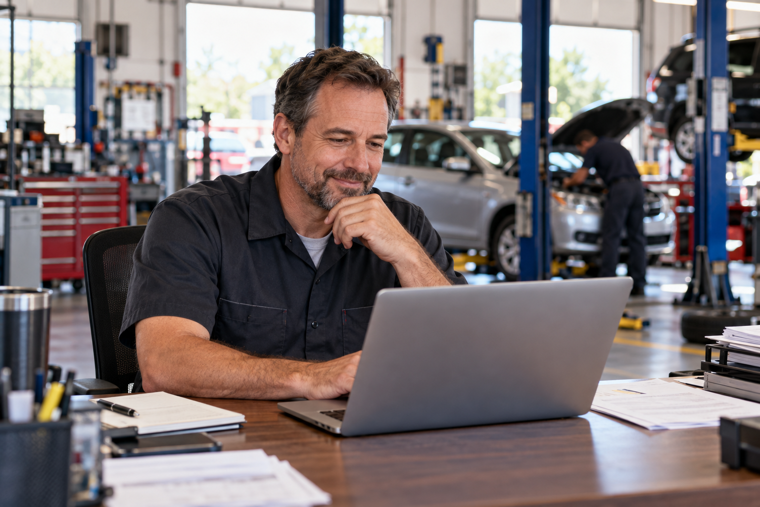 Auto repair shop owner reviewing online marketing at a US-style workshop