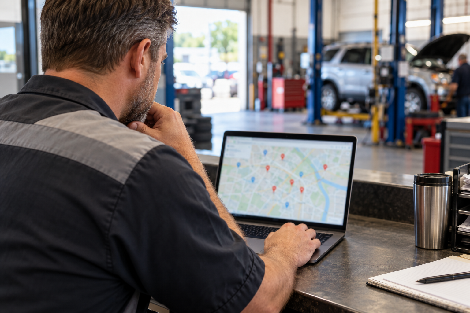 Repair shop manager reviewing a generic local map on a laptop