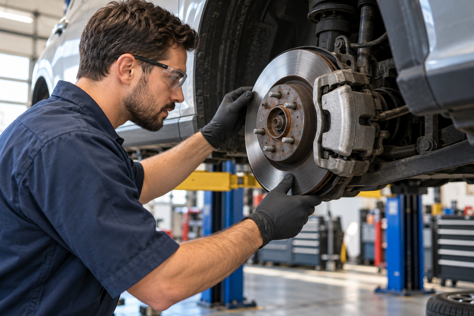 Automotive technician inspecting a vehicle brake assembly