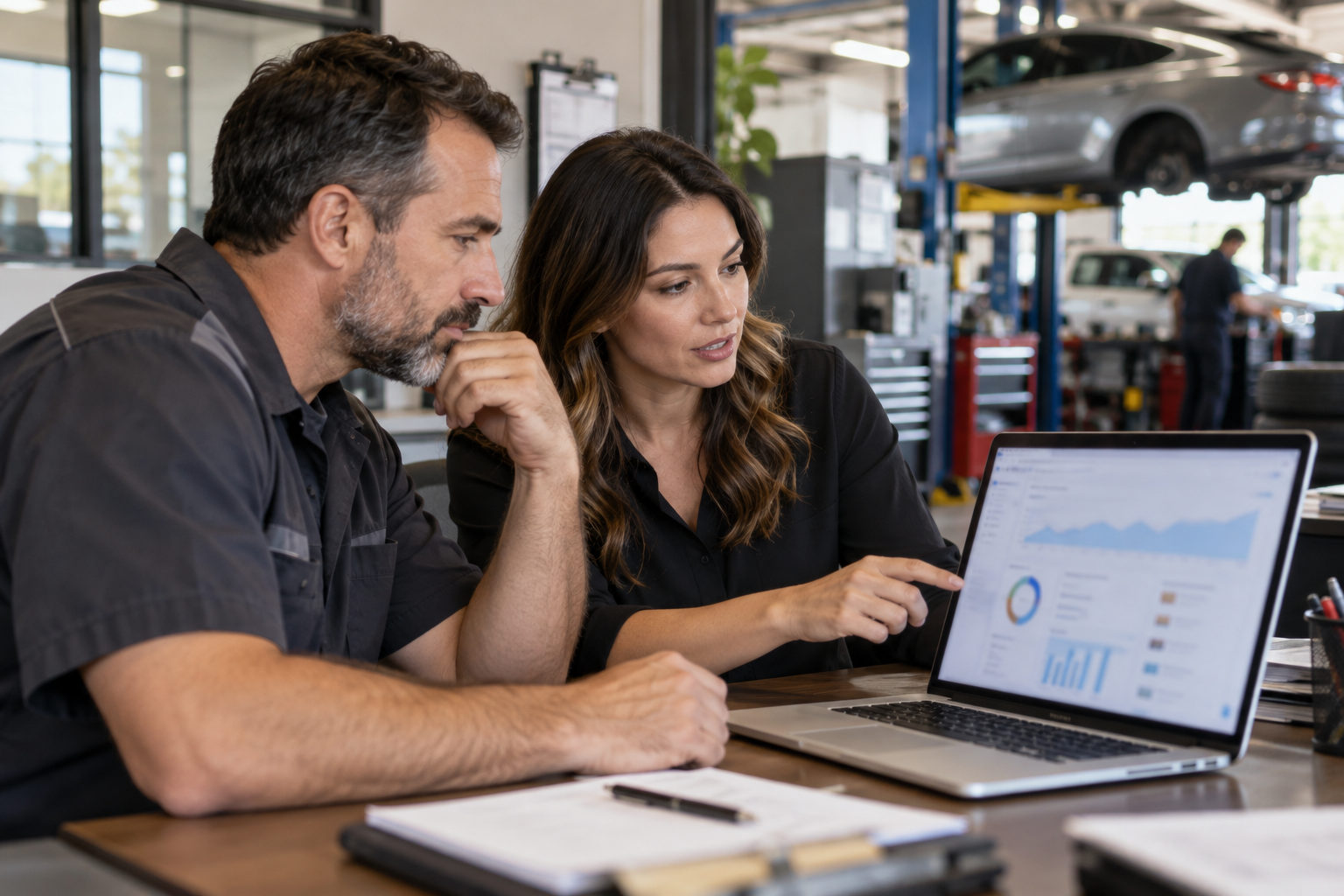 Repair shop owner reviewing marketing performance with a colleague