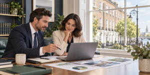 Illustration of legal office professionals reviewing a digital marketing plan in Ireland