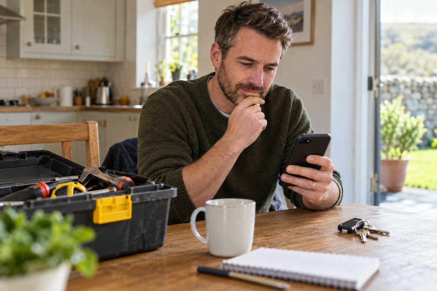 Homeowner reviewing a tradesperson listing on a smartphone
