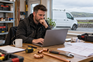 Irish-style trade business owner reviewing a laptop with a service van nearby