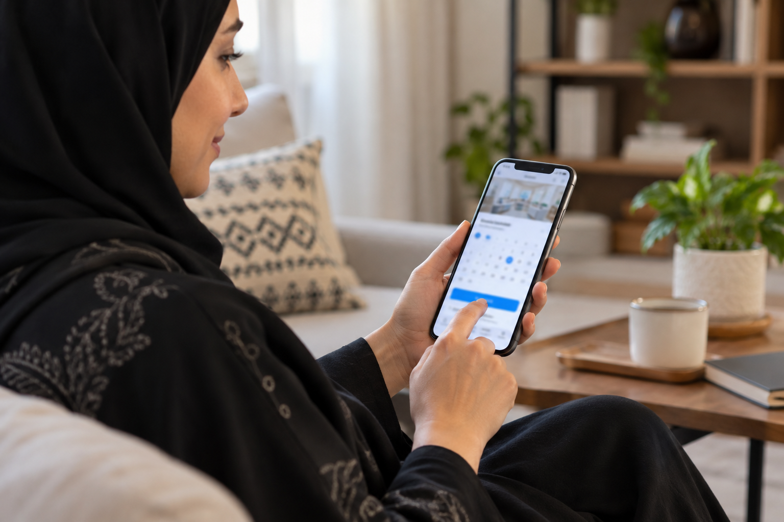 Woman reviewing a clinic appointment interface on a smartphone
