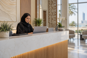 Clinic reception manager reviewing a laptop in a Saudi-style reception area