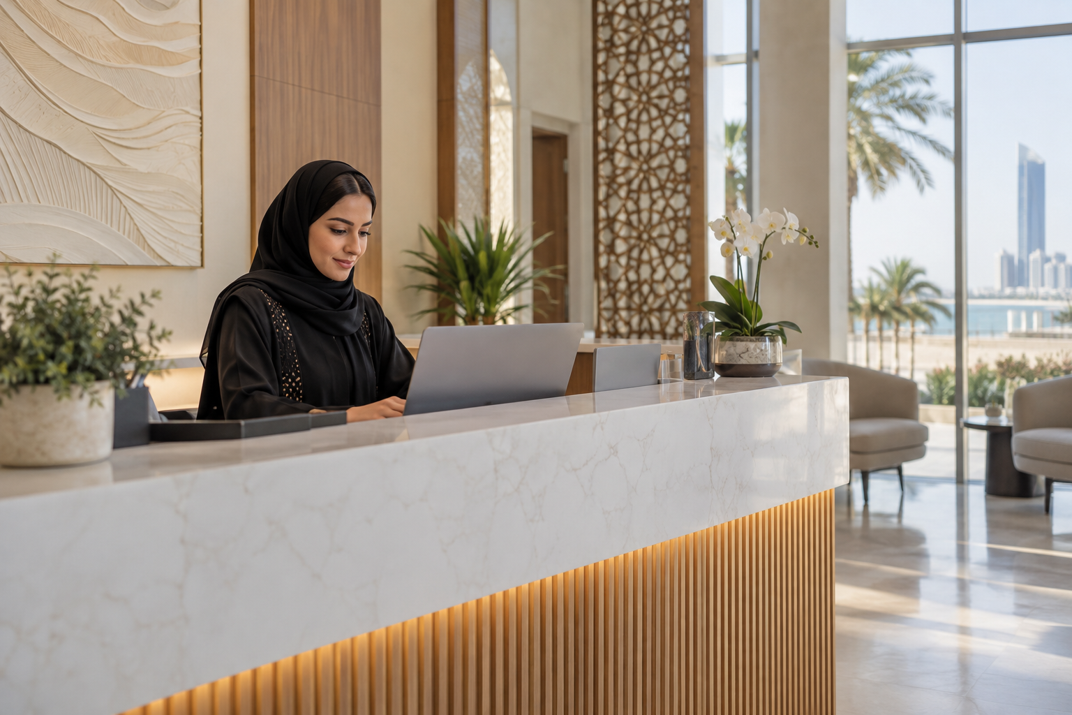 Clinic reception manager reviewing a laptop in a Saudi-style reception area