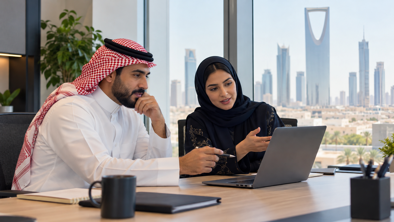 Saudi business colleagues reviewing a marketing enquiry journey