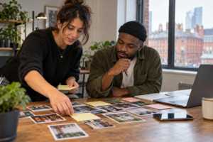 UK business colleagues planning social media topics at a desk