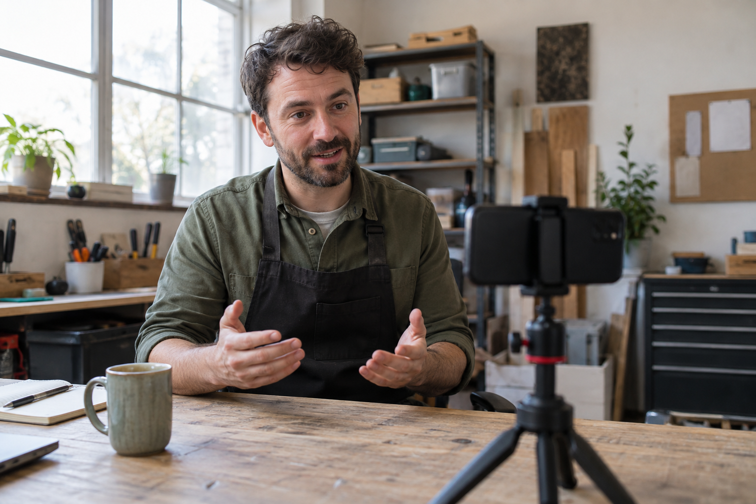 UK service business owner filming an introduction with a smartphone